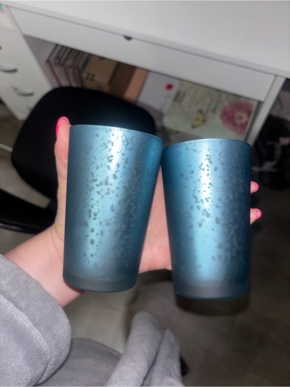 Set of 2 Blue Frosted Glass candle Holders